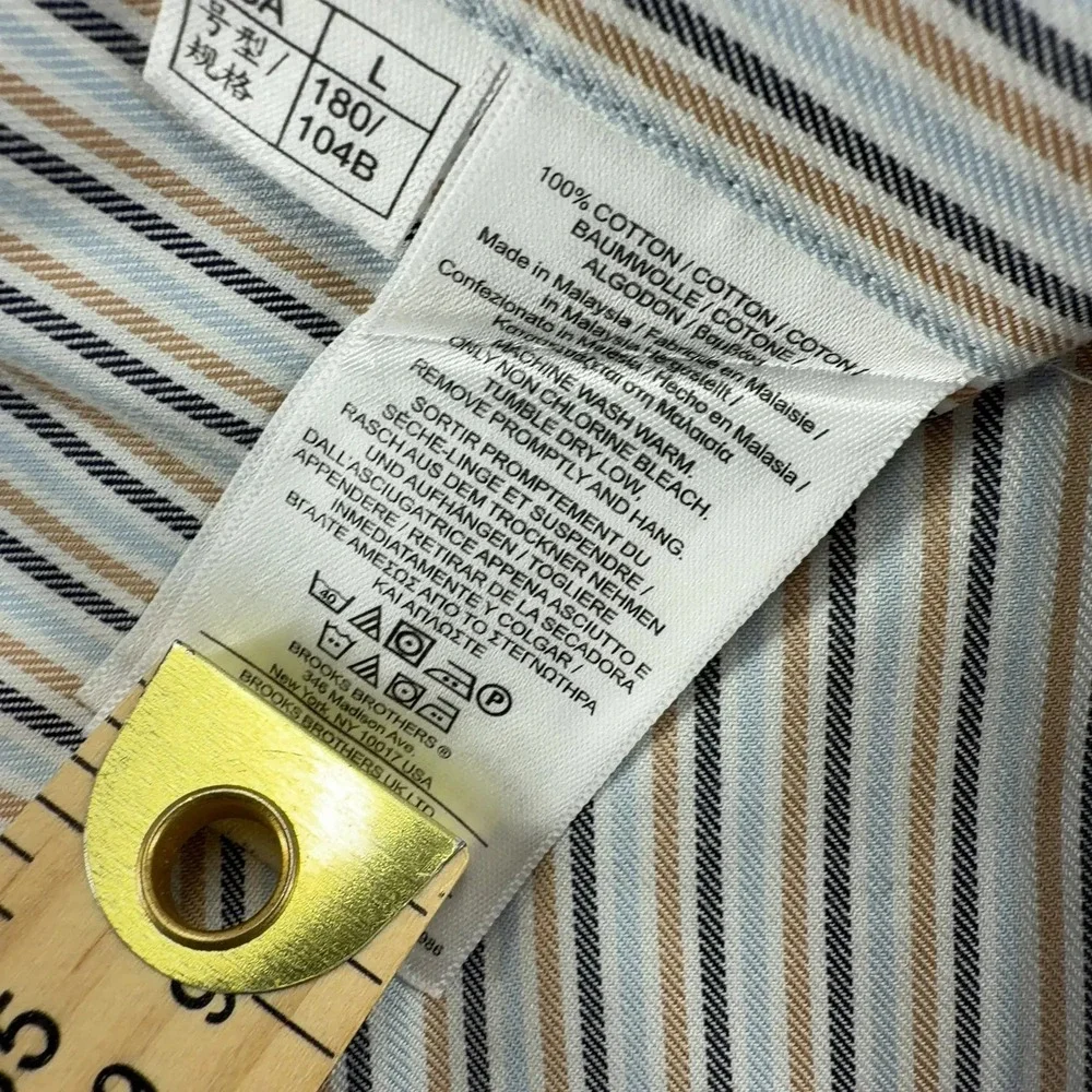 Brooks Brothers Mens Large Blue Tan Stripe Supima Cotton Non Iron Dress Shirt